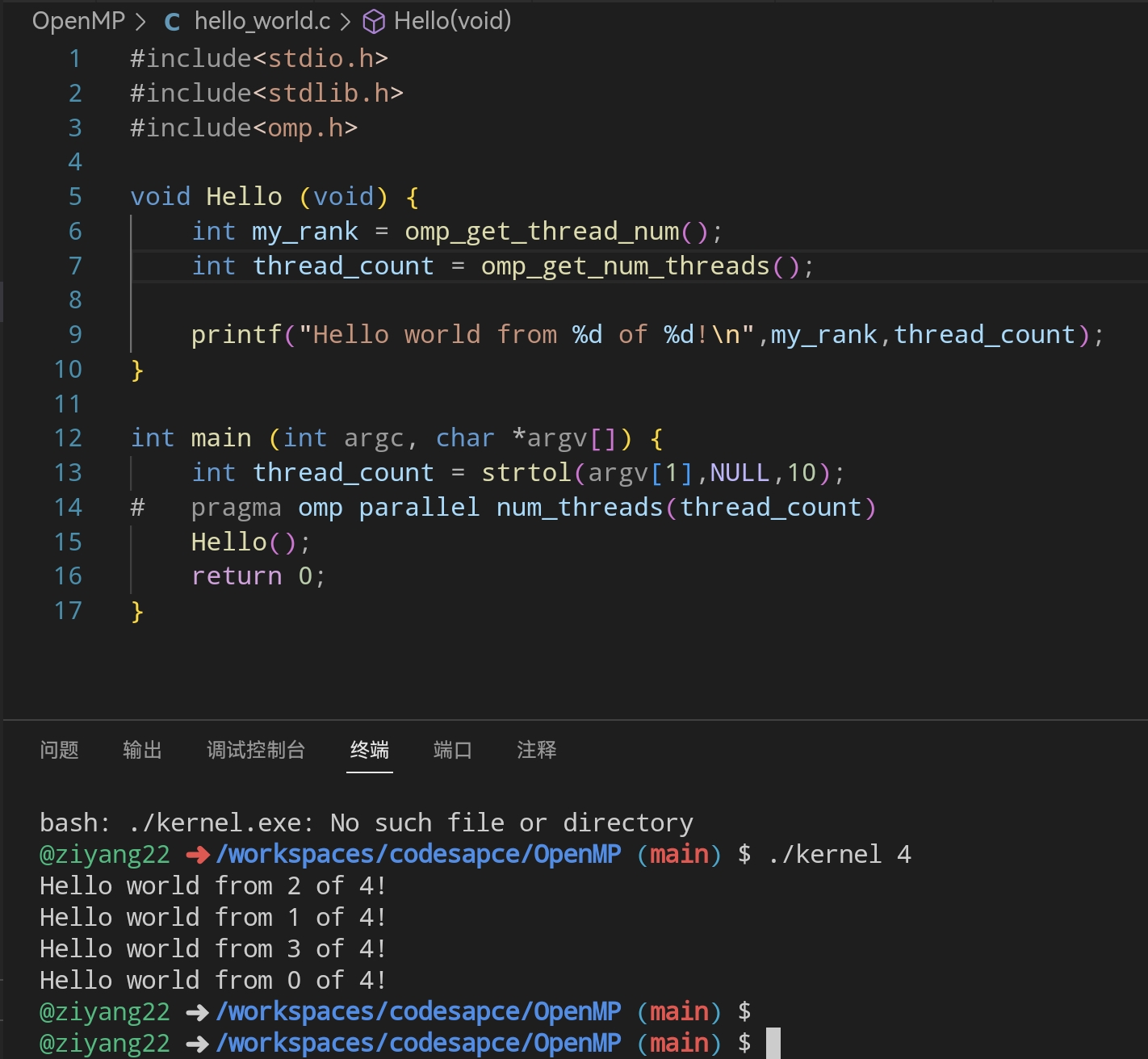 OpenMP Hello World 历史运行输出